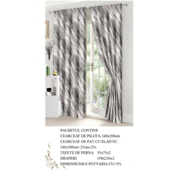 Set Lenjerie Eleganta si 2 Draperii pentru pat dublu din Bumbac Finet compus din 6 piese, Cearceaf de pat cu elastic 140x200cm+25cm, NW5