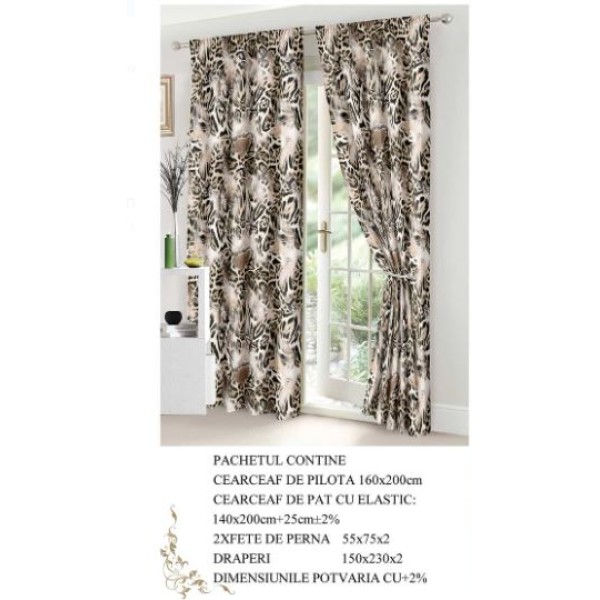 Set Lenjerie Eleganta si 2 Draperii pentru pat dublu din Bumbac Finet compus din 6 piese, Cearceaf de pat cu elastic 140x200cm+25cm, NW6