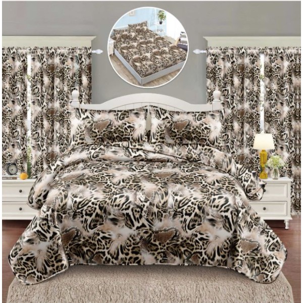 Set Lenjerie Eleganta si 2 Draperii pentru pat dublu din Bumbac Finet compus din 6 piese, Cearceaf de pat cu elastic 140x200cm+25cm, NW6