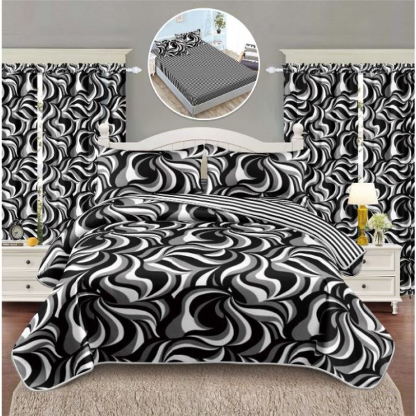 Set Lenjerie Eleganta si 2 Draperii pentru pat dublu din Bumbac Finet compus din 6 piese, Cearceaf de pat cu elastic 140x200cm+25cm, NW7