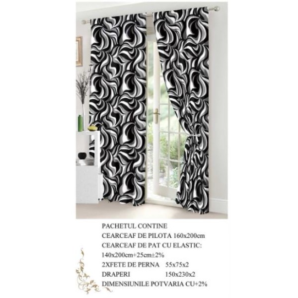 Set Lenjerie Eleganta si 2 Draperii pentru pat dublu din Bumbac Finet compus din 6 piese, Cearceaf de pat cu elastic 140x200cm+25cm, NW7