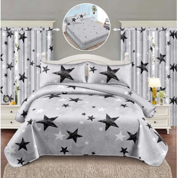 Set Lenjerie Eleganta si 2 Draperii pentru pat dublu din Bumbac Finet compus din 6 piese, Cearceaf de pat cu elastic 140x200cm+25cm, NW8