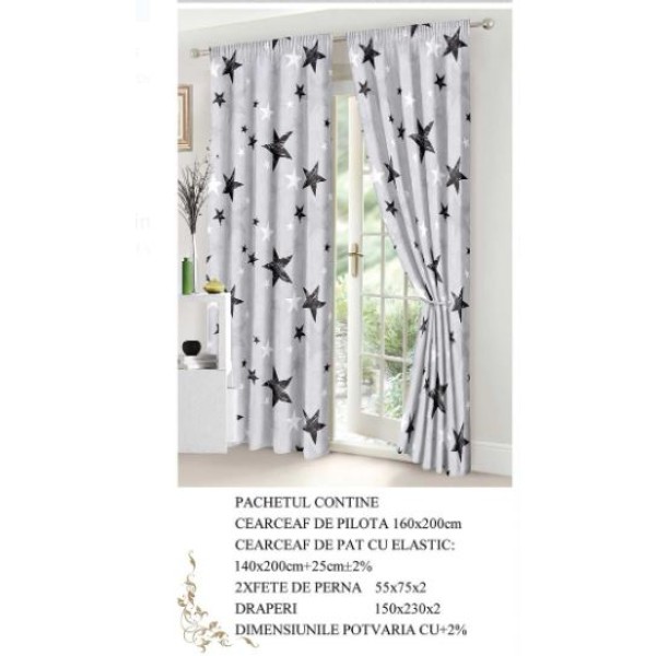 Set Lenjerie Eleganta si 2 Draperii pentru pat dublu din Bumbac Finet compus din 6 piese, Cearceaf de pat cu elastic 140x200cm+25cm, NW8