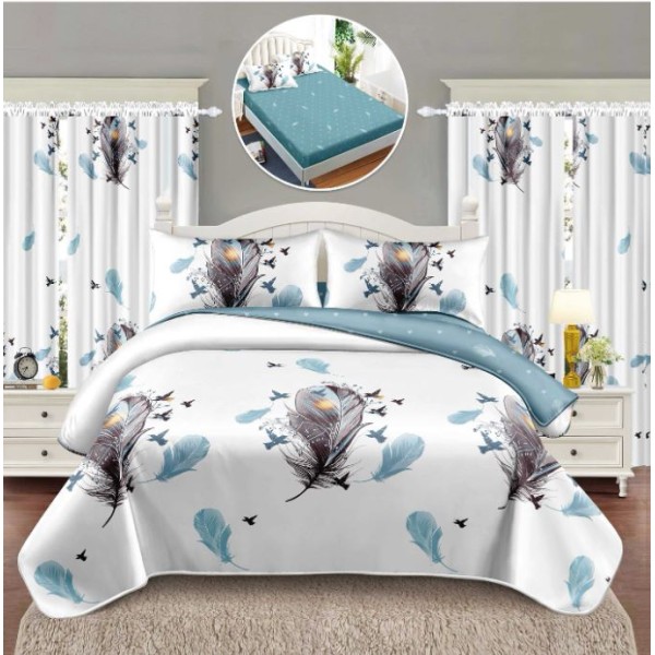 Set Lenjerie Eleganta si 2 Draperii pentru pat dublu din Bumbac Finet compus din 6 piese, Cearceaf de pat cu elastic 140x200cm+25cm, NW9