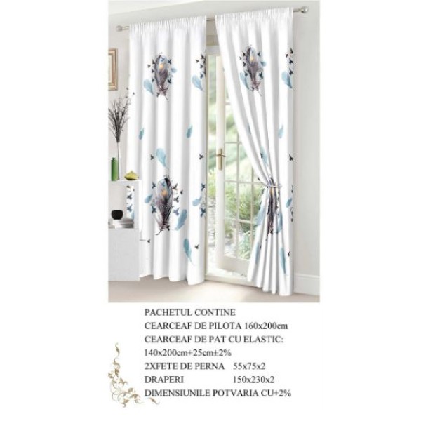 Set Lenjerie Eleganta si 2 Draperii pentru pat dublu din Bumbac Finet compus din 6 piese, Cearceaf de pat cu elastic 140x200cm+25cm, NW9