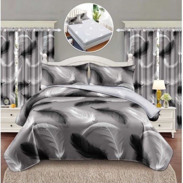 Set Lenjerie Eleganta si 2 Draperii pentru pat dublu din Bumbac Finet compus din 6 piese, Cearceaf de pat cu elastic 140x200cm+25cm, NW10