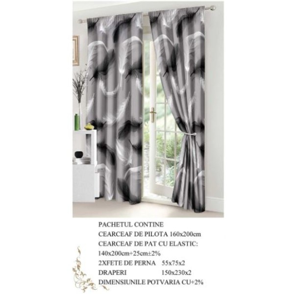 Set Lenjerie Eleganta si 2 Draperii pentru pat dublu din Bumbac Finet compus din 6 piese, Cearceaf de pat cu elastic 140x200cm+25cm, NW10