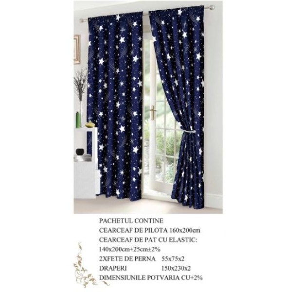 Set Lenjerie Eleganta si 2 Draperii pentru pat dublu din Bumbac Finet compus din 6 piese, Cearceaf de pat cu elastic 140x200cm+25cm, NW11