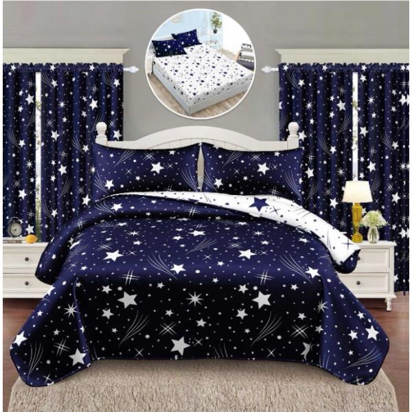 Set Lenjerie Eleganta si 2 Draperii pentru pat dublu din Bumbac Finet compus din 6 piese, Cearceaf de pat cu elastic 140x200cm+25cm, NW11