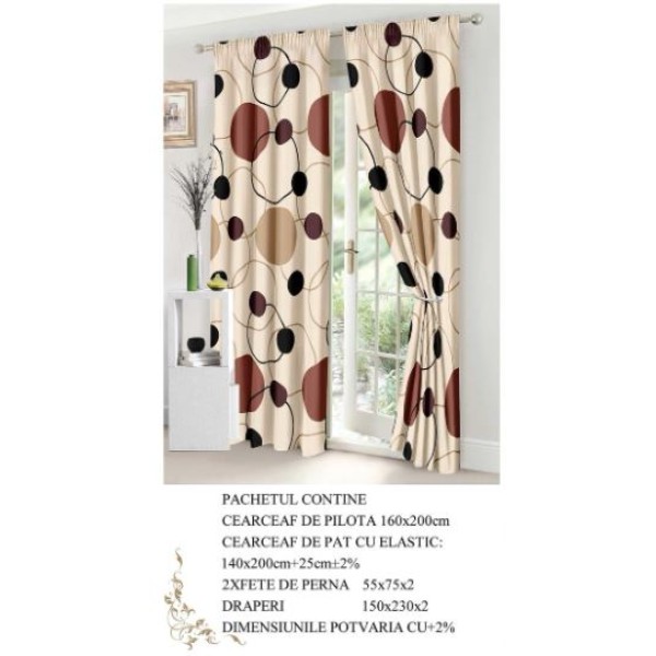 Set Lenjerie Eleganta si 2 Draperii pentru pat dublu din Bumbac Finet compus din 6 piese, Cearceaf de pat cu elastic 140x200cm+25cm, NW12