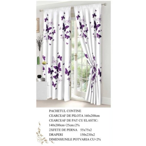 Set Lenjerie Eleganta si 2 Draperii pentru pat dublu din Bumbac Finet compus din 6 piese, Cearceaf de pat cu elastic 140x200cm+25cm, NW13