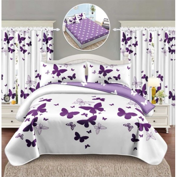 Set Lenjerie Eleganta si 2 Draperii pentru pat dublu din Bumbac Finet compus din 6 piese, Cearceaf de pat cu elastic 140x200cm+25cm, NW13