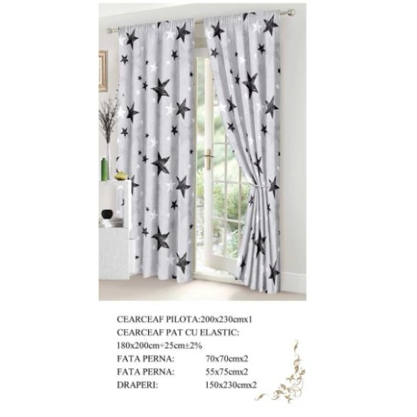 Set Lenjerie Eleganta si 2 Draperii pentru pat dublu din Bumbac Finet compus din 8 piese, Cearceaf de pat 230x240cm, NW19