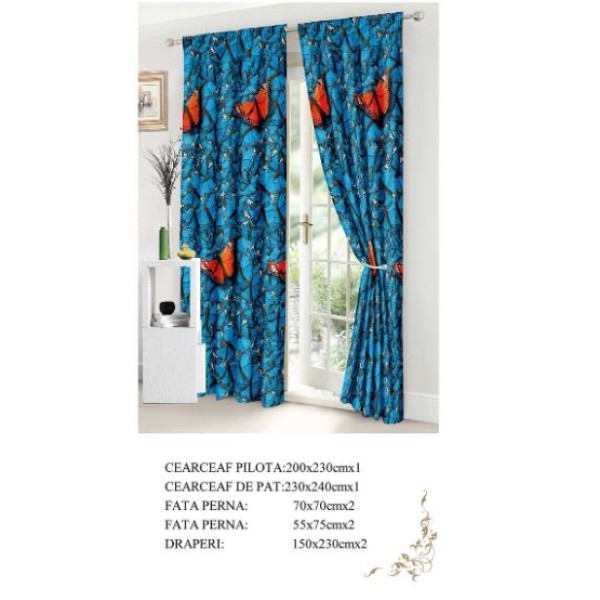 Set Lenjerie Eleganta si 2 Draperii pentru pat dublu din Bumbac Finet compus din 8 piese, Cearceaf de pat 230x240cm, NW20
