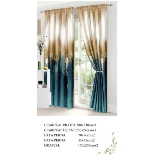 Set Lenjerie Eleganta si 2 Draperii pentru pat dublu din Bumbac Finet compus din 8 piese, Cearceaf de pat 230x240cm, NW22