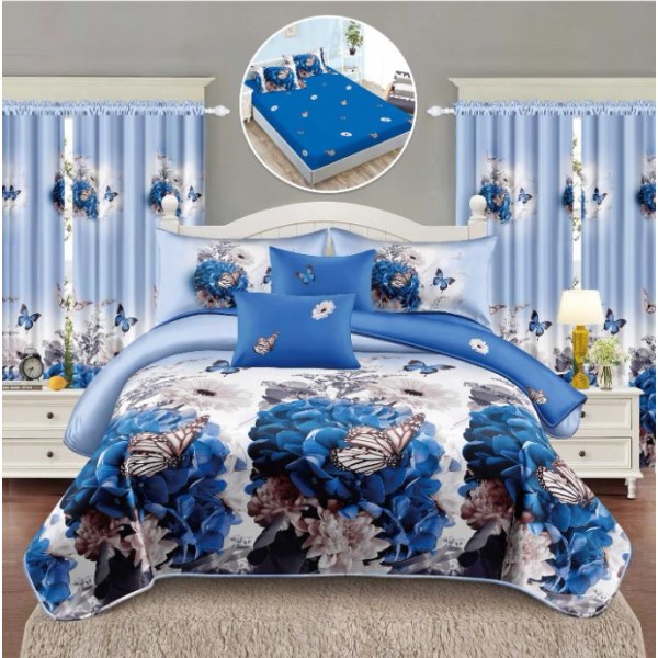 Set Lenjerie Eleganta si 2 Draperii pentru pat dublu din Bumbac Finet compus din 8 piese, Cearceaf de pat cu elastic 180x200cm+25cm, NW24