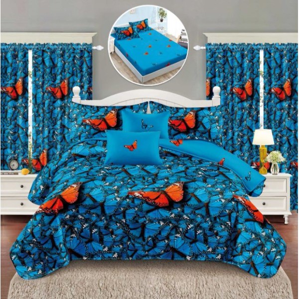 Set Lenjerie Eleganta si 2 Draperii pentru pat dublu din Bumbac Finet compus din 8 piese, Cearceaf de pat cu elastic 180x200cm+25cm, NW25