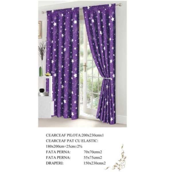 Set Lenjerie Eleganta si 2 Draperii pentru pat dublu din Bumbac Finet compus din 8 piese, Cearceaf de pat cu elastic 180x200cm+25cm, NW27