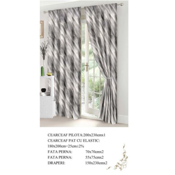 Set Lenjerie Eleganta si 2 Draperii pentru pat dublu din Bumbac Finet compus din 8 piese, Cearceaf de pat cu elastic 180x200cm+25cm, NW28