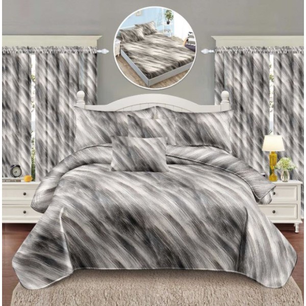 Set Lenjerie Eleganta si 2 Draperii pentru pat dublu din Bumbac Finet compus din 8 piese, Cearceaf de pat cu elastic 180x200cm+25cm, NW28