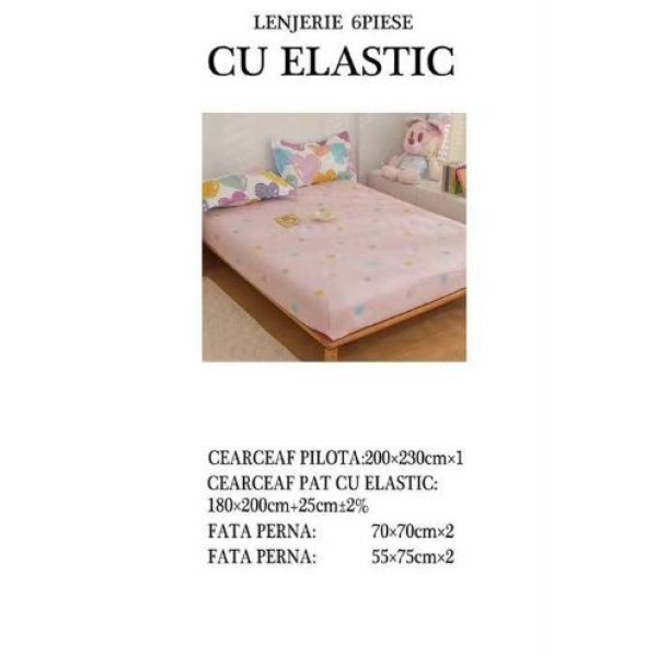 Set Lenjerie Eleganta pentru pat dublu din Bumbac Finet compus din 6 piese, Cearceaf de pat cu elastic 180x200cm+25cm, NW39