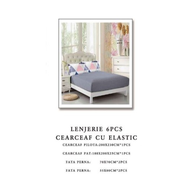 Set Lenjerie Eleganta pentru pat dublu din Bumbac Finet compus din 6 piese, Cearceaf de pat cu elastic 180x200cm+25cm, NW51