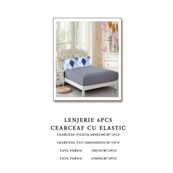 Set Lenjerie Eleganta pentru pat dublu din Bumbac Finet compus din 6 piese, Cearceaf de pat cu elastic 180x200cm+25cm, NW52