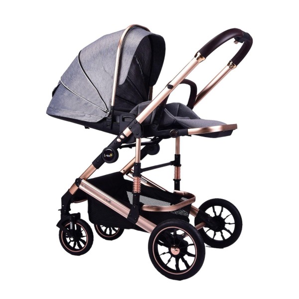 Carucior 2 in 1 transformabil, 0-36 luni, Cu suspensii, Maner reversibil, Pozitie de somn si sezut, colectia de lux, F3-Gri
