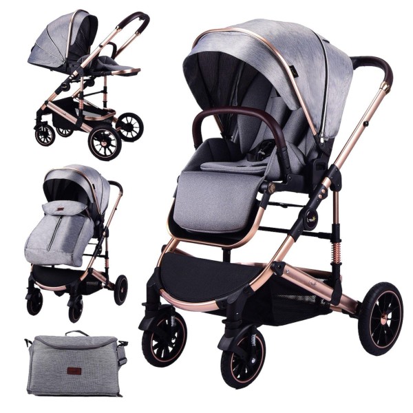 Carucior 2 in 1 transformabil, 0-36 luni, Cu suspensii, Maner reversibil, Pozitie de somn si sezut, colectia de lux, F3-Gri