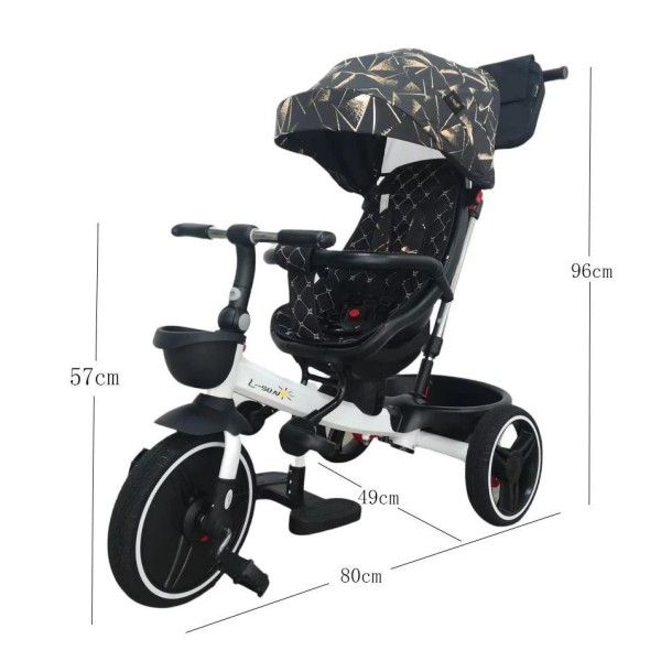 Tricicleta pliabila cu muzica si lumini, cu pozitie de somn si scaun reversibil, Varsta 8 luni+, SL01-Negru/Auriu