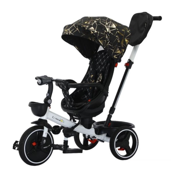 Tricicleta pliabila cu muzica si lumini, cu pozitie de somn si scaun reversibil, Varsta 8 luni+, SL01-Negru/Auriu