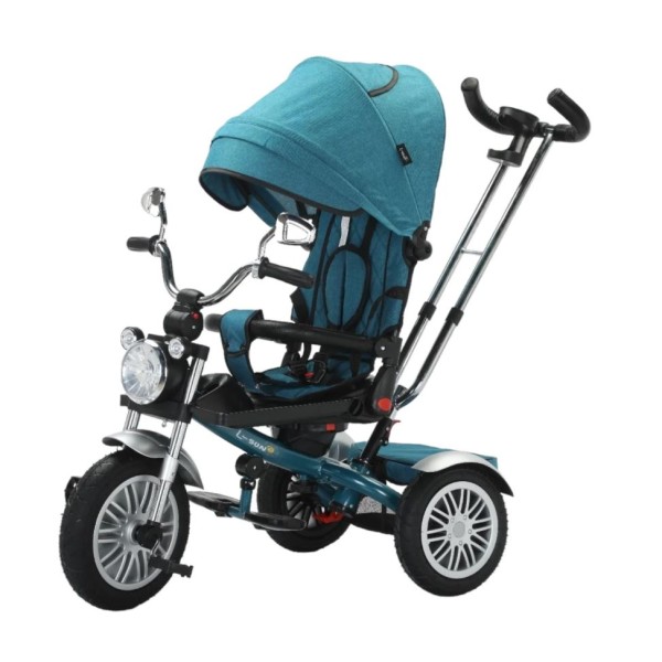 Tricicleta cu scaun reversibil tip moto cu far, pozitie de somn si scaun rotativ, 6-36 luni, lumini si muzica, SL03-Turcoaz