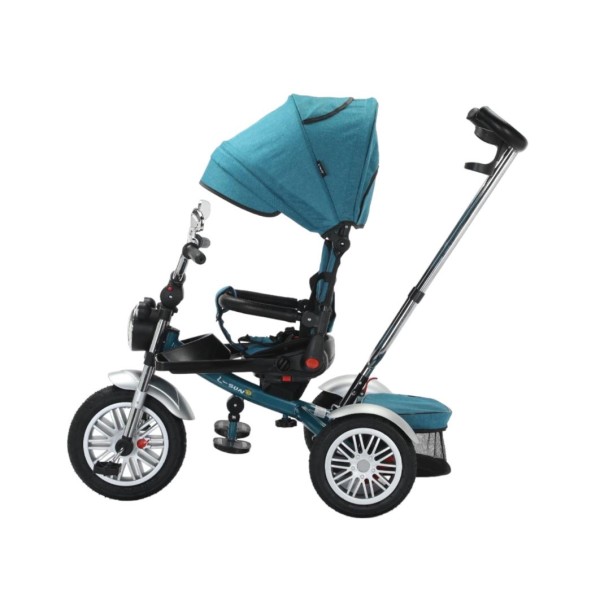 Tricicleta cu scaun reversibil tip moto cu far, pozitie de somn si scaun rotativ, 6-36 luni, lumini si muzica, SL03-Turcoaz