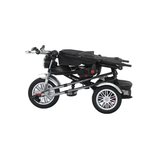 Tricicleta cu scaun reversibil tip moto cu far, pozitie de somn si scaun rotativ, 6-36 luni, lumini si muzica, SL03-Negru