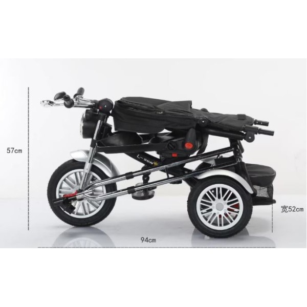 Tricicleta cu scaun reversibil tip moto cu far, pozitie de somn si scaun rotativ, 6-36 luni, lumini si muzica, SL03-Negru