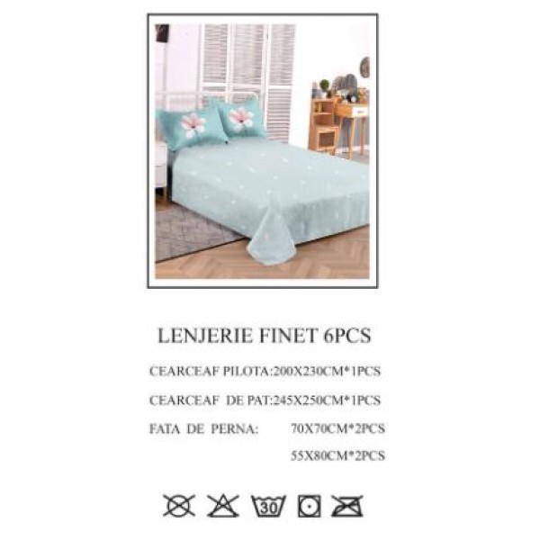Set Lenjerie Eleganta pentru pat dublu din Bumbac Finet compus din 6 piese, Cearceaf de pat 245x250cm, PW-747 Set Lenjerie Eleganta pentru pat dublu din Bumbac Finet compus din 6 piese, Cearceaf de pat 245x250cm, PW-747