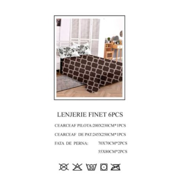 Set Lenjerie Eleganta pentru pat dublu din Bumbac Finet compus din 6 piese, Cearceaf de pat 245x250cm, PW-777 Set Lenjerie Eleganta pentru pat dublu din Bumbac Finet compus din 6 piese, Cearceaf de pat 245x250cm, PW-777