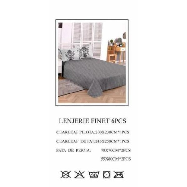 Set Lenjerie Eleganta pentru pat dublu din Bumbac Finet compus din 6 piese, Cearceaf de pat 245x250cm, PW-744 Set Lenjerie Eleganta pentru pat dublu din Bumbac Finet compus din 6 piese, Cearceaf de pat 245x250cm, PW-744