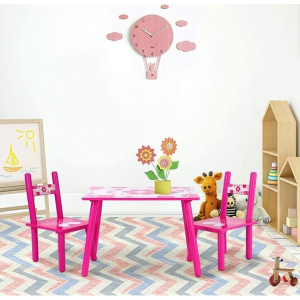 Set masuta lemn cu 2 scaune, 59x39x40 cm, Fluturasi roz, ML-01