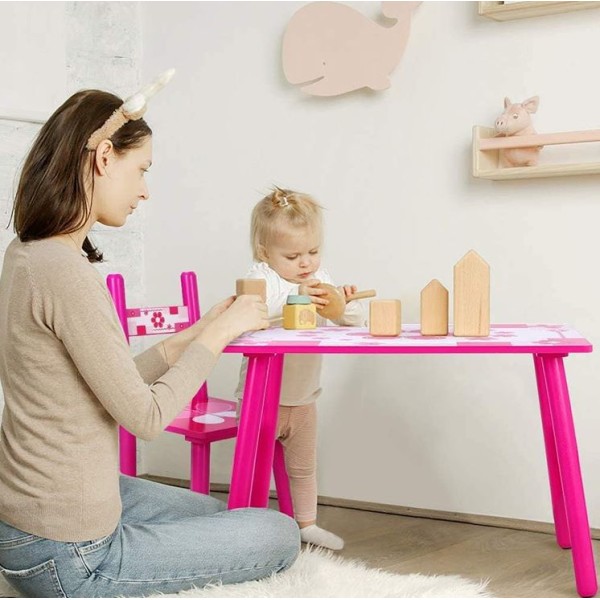 Set masuta lemn cu 2 scaune, 59x39x40 cm, Fluturasi roz, ML-01