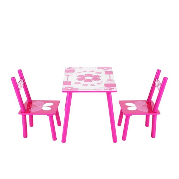 Set masuta lemn cu 2 scaune, 59x39x40 cm, Fluturasi roz, ML-01