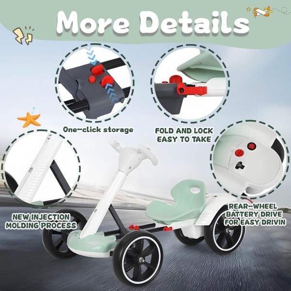 Masina Electrica Tip Kart pliabil de 6V cu scaun și volan reglabile pentru băieți și fete, muzică, roată pliabilă, lumini LED intermitente, Rosu