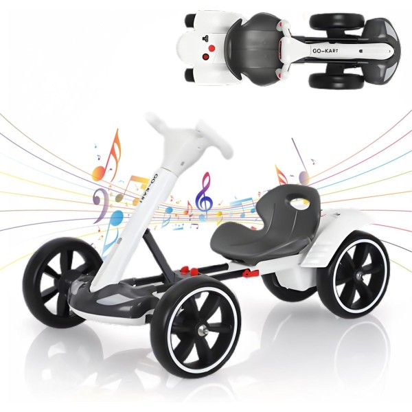 Masina Electrica Tip Kart pliabil de 6V cu scaun și volan reglabile pentru băieți și fete, muzică, roată pliabilă, lumini LED intermitente, Alb