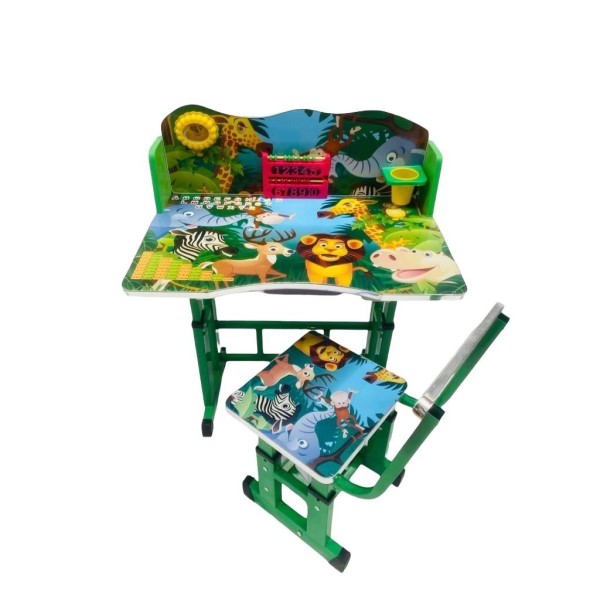 Birou pentru copii cu Scaun Reglabil, imprimeu cu Fun Zoo, suport pentru creioane, Ceas, MDF