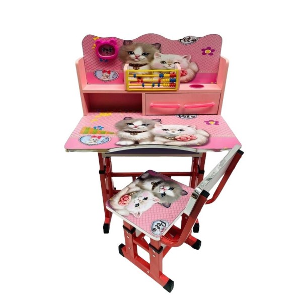 Set birou si scaunel,Birou cu scaun copii, reglabil, cadru metalic,Roz, imprimeu Pisici
