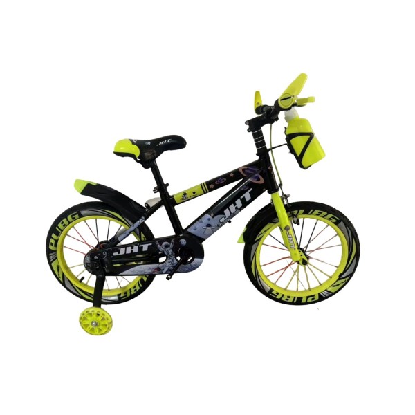 Bicicleta copii 3-5 ani cu roti ajutatoare si bidon pentru apa in suport JHT, 12 inch, Galben Bicicleta copii 3-5 ani cu roti ajutatoare si bidon pentru apa in suport JHT, 12 inch, Galben