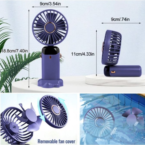 Ventilator portabil, 3 in 1, De Mana, De Birou, De Gat, 5 viteze, afisaj LED, Pliabil, incarcare USB, violet