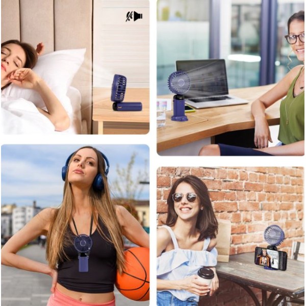 Ventilator portabil, 3 in 1, De Mana, De Birou, De Gat, 5 viteze, afisaj LED, Pliabil, incarcare USB, Albastru