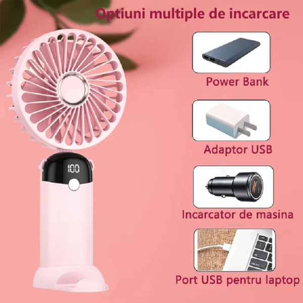 Ventilator portabil, 3 in 1, De Mana, De Birou, De Gat, 5 viteze, afisaj LED, Pliabil, incarcare USB, ALB