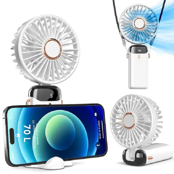 Ventilator portabil, 3 in 1, De Mana, De Birou, De Gat, 5 viteze, afisaj LED, Pliabil, incarcare USB, ALB